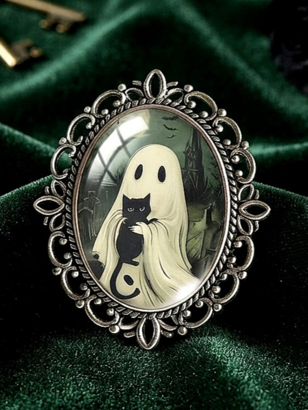Vintage Gothic Ornate Silver Filigree Cameo Brooch, Spooky Sheet Ghost Black Cat